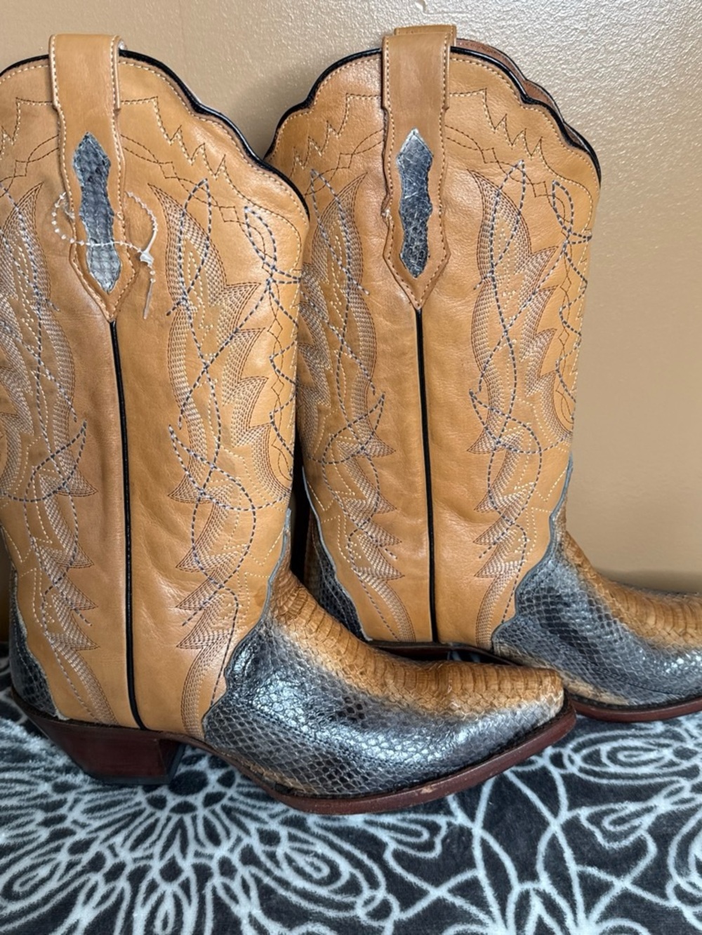 Ost Two-Tone Tan and Gray Snakeskin Western Heeled Boots